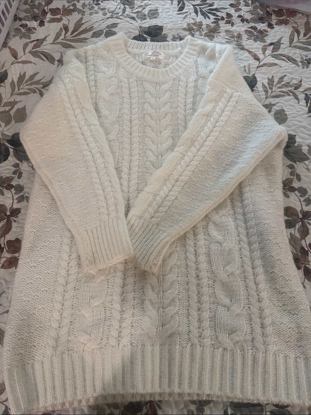 Pink Lily Cream Cable-Knit Crewneck Sweater